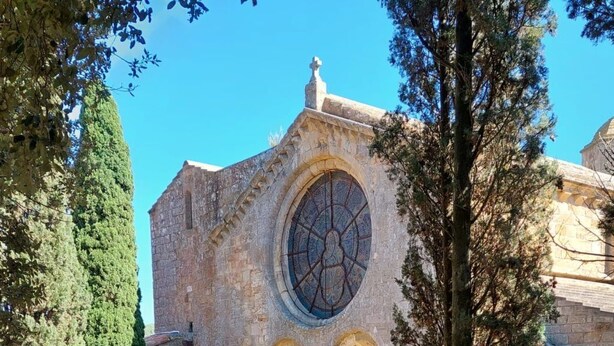 Un edifici de pedra amb una finestra circular gran i portals d'arc, envoltat d'arbres i un camí de terra.