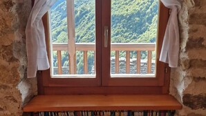 A room with a wooden bookshelf filled with books, a small orange object on the floor, and a window with curtains overlooking a mountainous landscape.