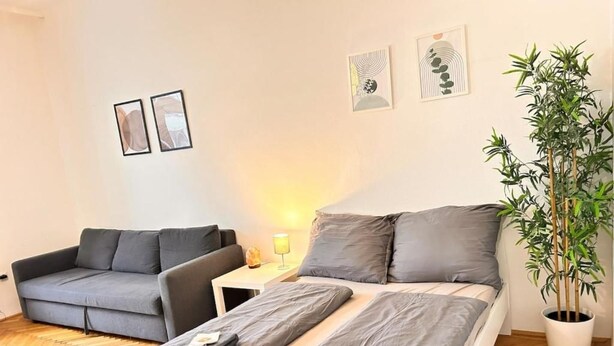 Un dormitorio con una cama, un sofá, una mesita de noche con lámpara y una planta en maceta.