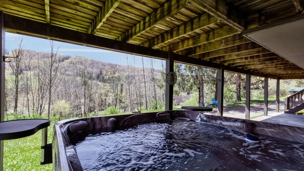 A hot tub with a wooden roof and a view of a forested area. - Cute Cottage1/2 mile to Village, Hot Tub (Ellicottville)