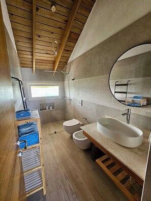 Regadera, secadora de cabello, bidet, toallas