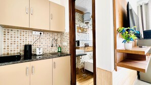 Une cuisine moderne avec des armoires de couleur beige, un comptoir en granit et un four encastré. Un petit évier et un chauffe-eau sont fixés au mur. Une plante en pot est posée sur une étagère en bois, à côté d’un téléviseur.
