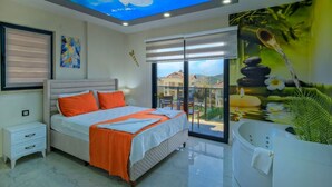 A modern bedroom with a bed, nightstand, and a ceiling with a sky projection.