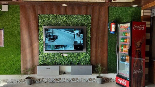 A modern interior with a mounted TV displaying a street view, a Coca-Cola vending machine, and a wooden panel wall with green foliage.