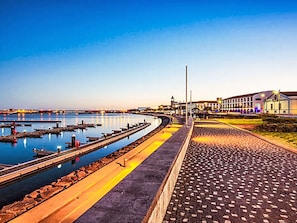 Eine Uferpromenade mit gepflastertem Gehweg, einem Hafen mit Booten und Gebäuden im Hintergrund.