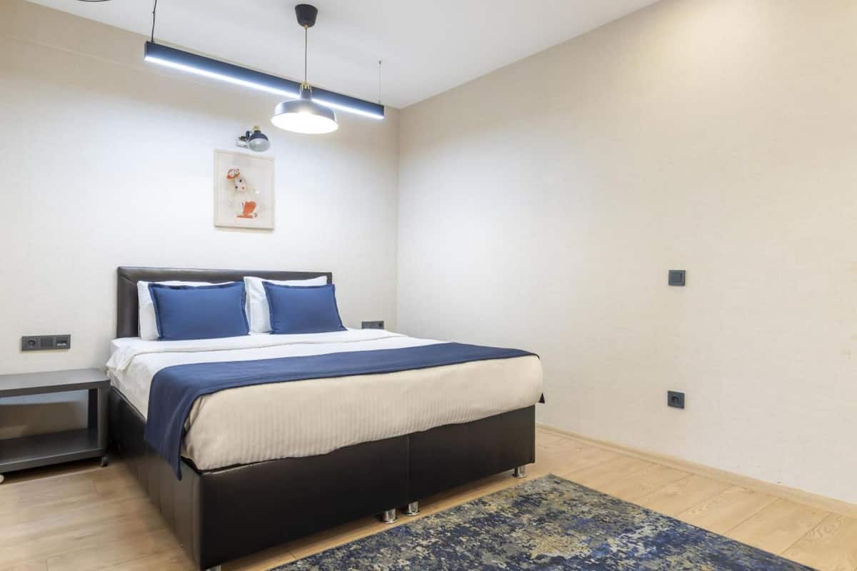 A modern bedroom with a bed, bedside tables, a rug, and a ceiling light fixture.