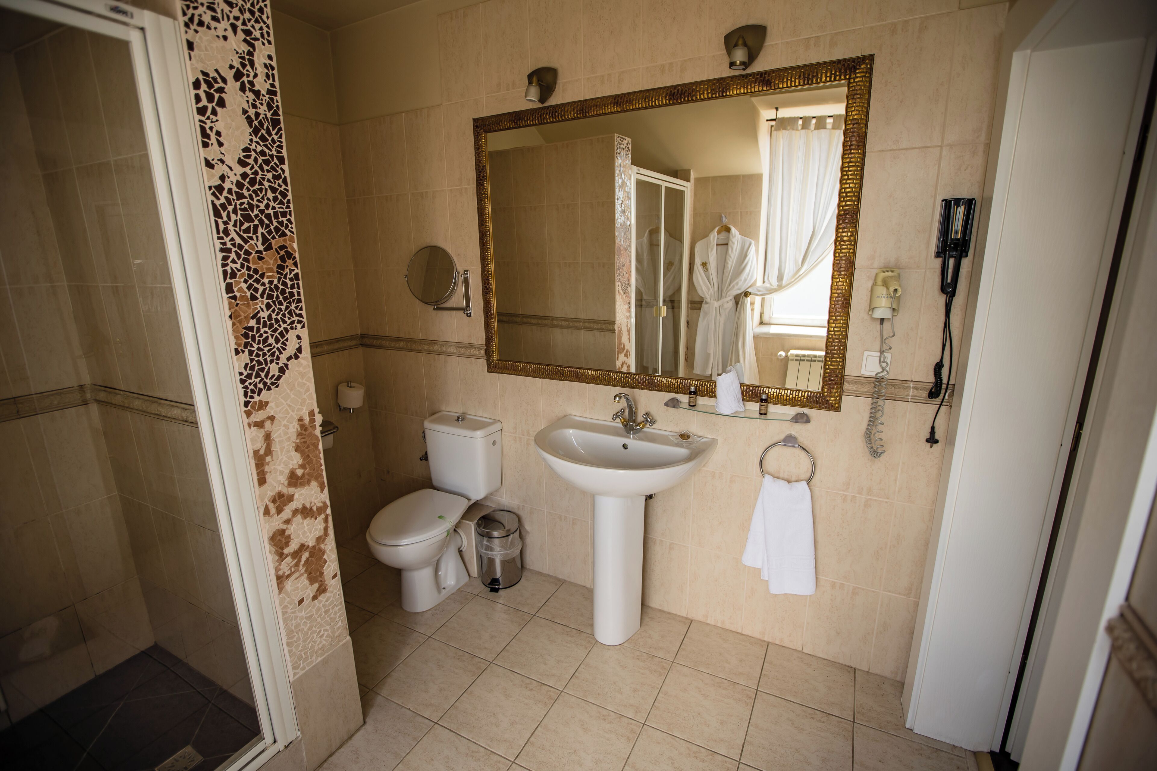A bathroom with a toilet, sink, and shower.