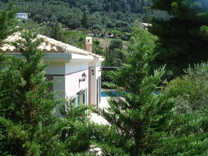 Ein Haus mit einem Ziegeldach, einem Schornstein und einem Pool im Hintergrund.