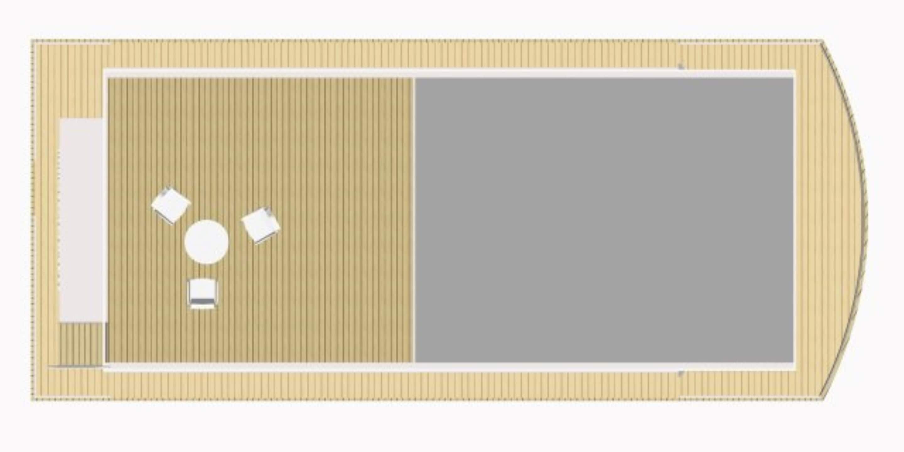 A floor plan of a hotel room with a bed, a small table, two chairs, and a large window.