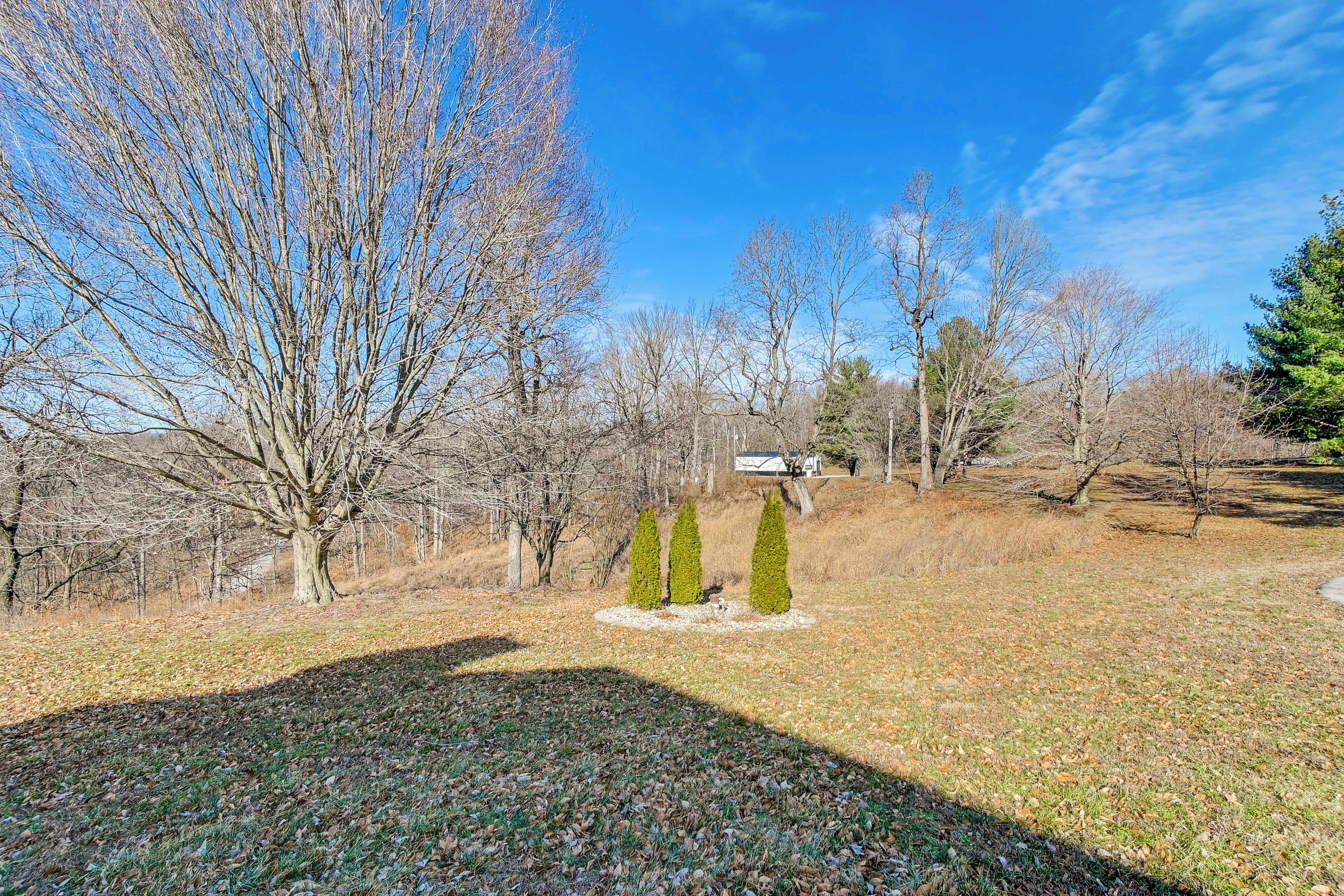 A park with leafless trees, a grassy area, and a white sign in the background.