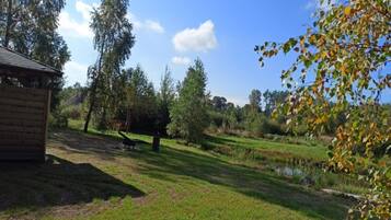 Eine rustikale Holzhütte mit einem Rasen und einem kleinen Teich.