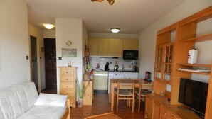 Ein kompakter Wohnbereich mit Sofa, Holztisch, Küchenzeile und Fernseher.