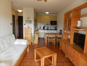 Ein kompakter Wohnbereich mit Sofa, Holztisch, Küchenzeile und Fernseher.