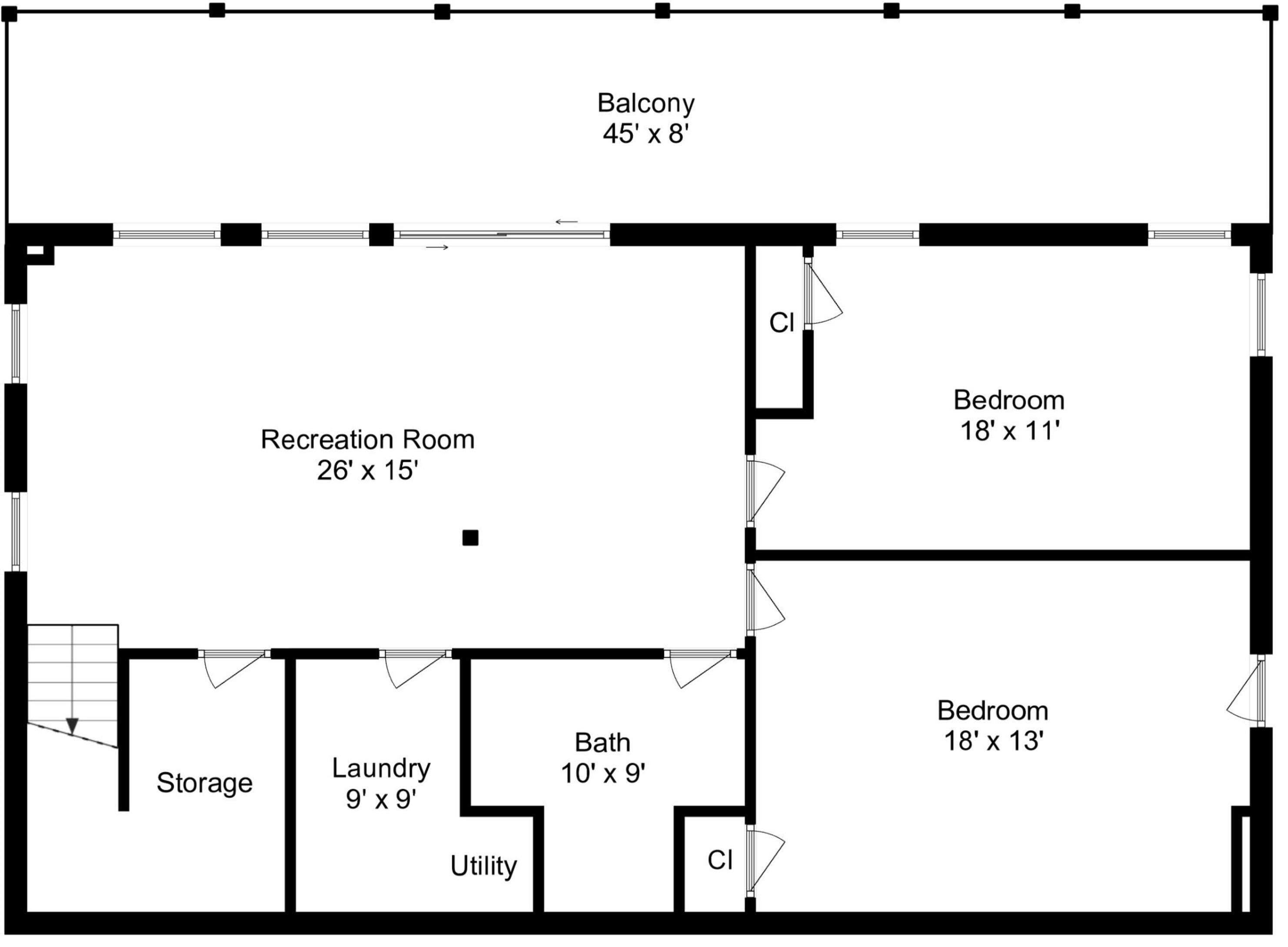 A floor plan with a balcony, recreation room, two bedrooms, storage, laundry, utility, and bath.