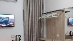 A hotel room with a wooden wardrobe, a television, a kettle, and a curtain. - Vila REJANA (Ksamil)
