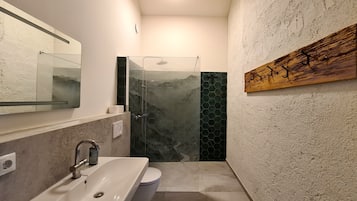 Dusche, Haartrockner, Handtücher, Toilettenpapier