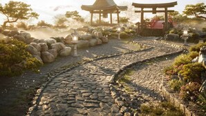 A traditional Japanese garden with a stone pathway, a wooden pavilion, and cherry blossoms.