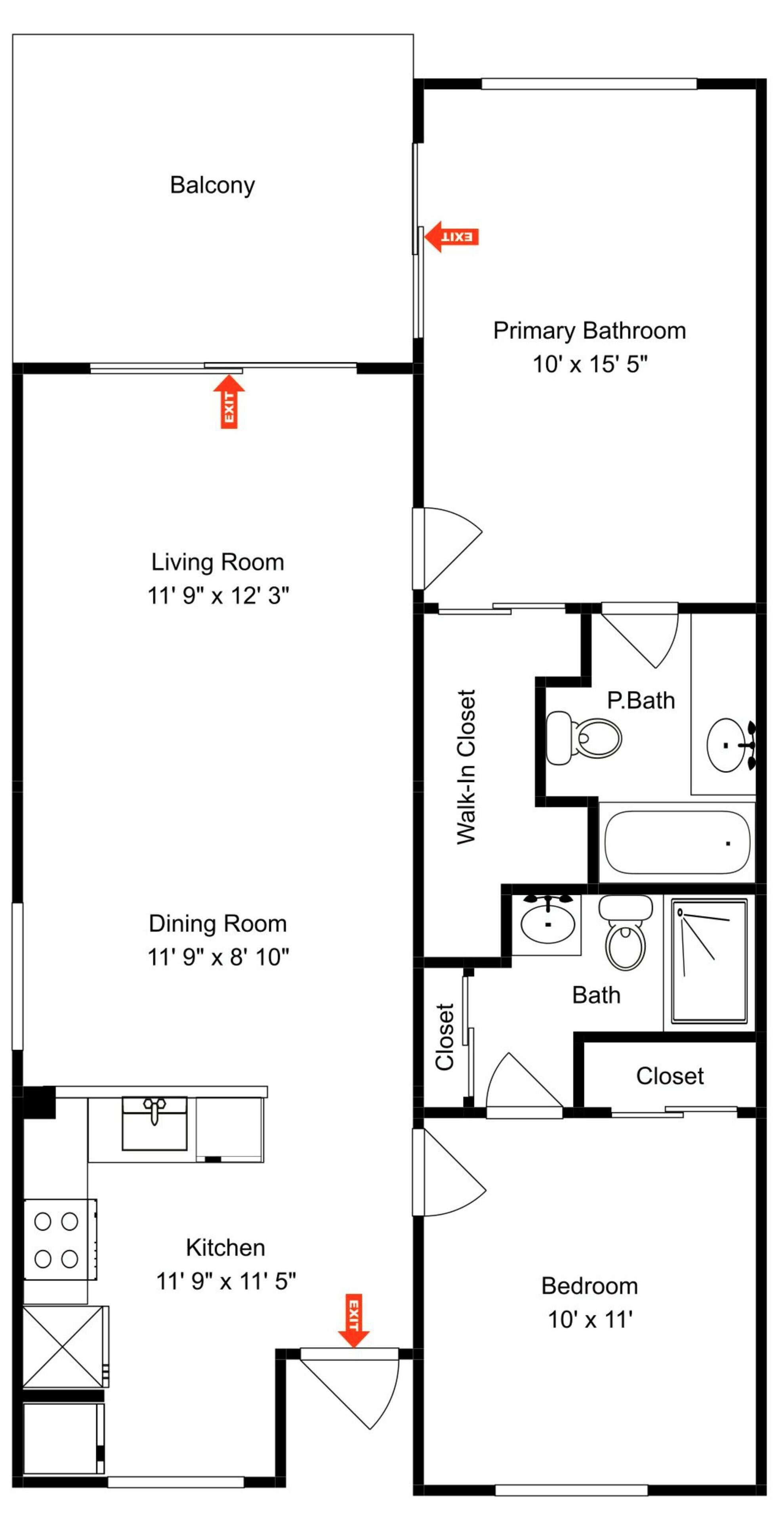 Plano de planta de una habitación de hotel con balcón, baño principal, sala de estar, comedor, cocina, vestidor y dormitorio.