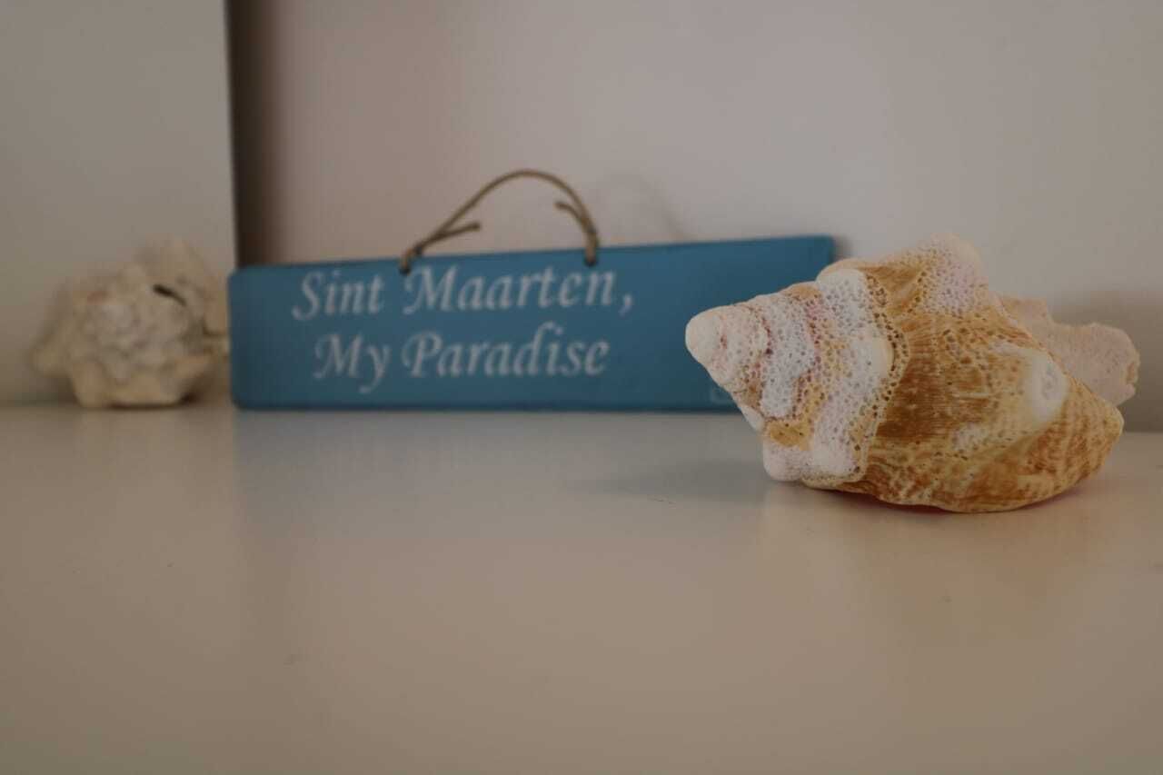 Ein blaues Schild mit dem Text "Sint Maarten, My Paradise“ und einem strukturierten Gegenstand, der an einen Schwamm oder ein Kissen erinnert.