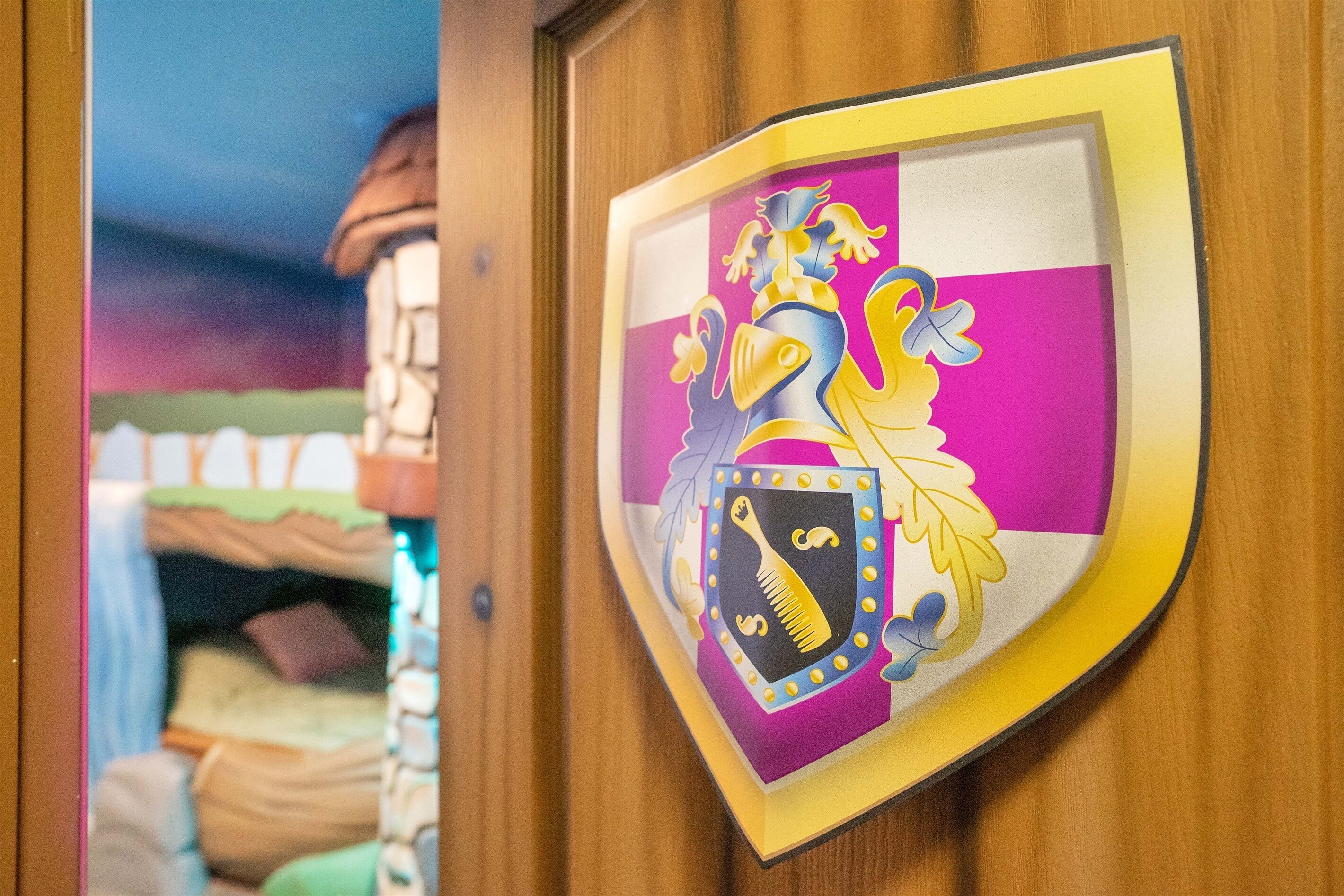 Un emblème en forme de bouclier, orné d’un blason, fixé sur une porte en bois.