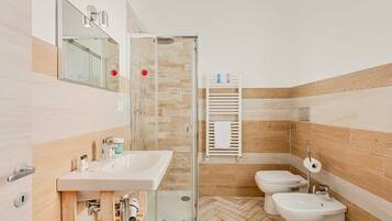 Shower, bidet, towels, toilet paper
