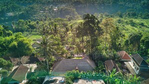 Un village rural aux maisons traditionnelles, entouré d’une végétation luxuriante et de palmiers.
