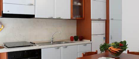 Fridge, microwave, oven, cookware/dishes/utensils