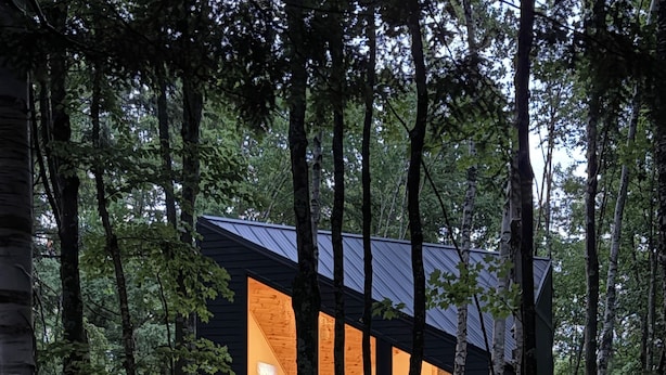Una cabaña moderna y oscura con ventanas amplias, rodeada por un bosque frondoso.
