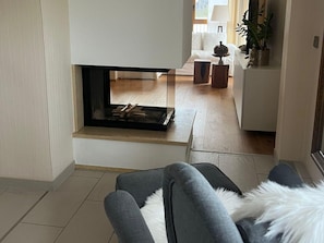 A modern living room with a fireplace, a sofa, and a dining area in the background. - Lieblingsplatz Appartement (Seelitz)