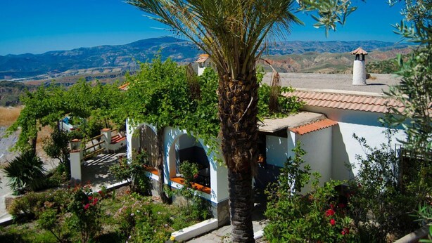 Una villa con vista sulla campagna, una palma e una piccola torre.