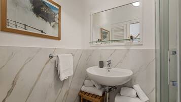 Shower, bidet, towels, shampoo