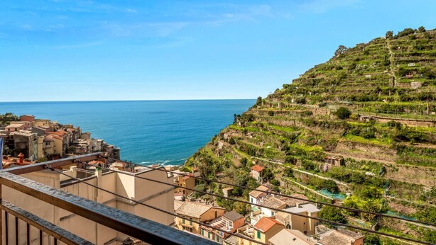 Eine Küstenstadt mit terrassenförmig angelegten Weinbergen und Blick aufs Meer.