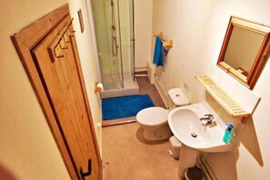 A bathroom with a wooden door, a shower, a toilet, and a sink with a mirror. - La Peruse Gite de caracterecavec piscine - 1 bedrooms - Charantaise countryside (Exideuil-sur-Vienne)