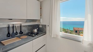 Une cuisine moderne équipée d’une cuisinière à gaz, d’ustensiles suspendus et offrant une vue sur la mer par une fenêtre.