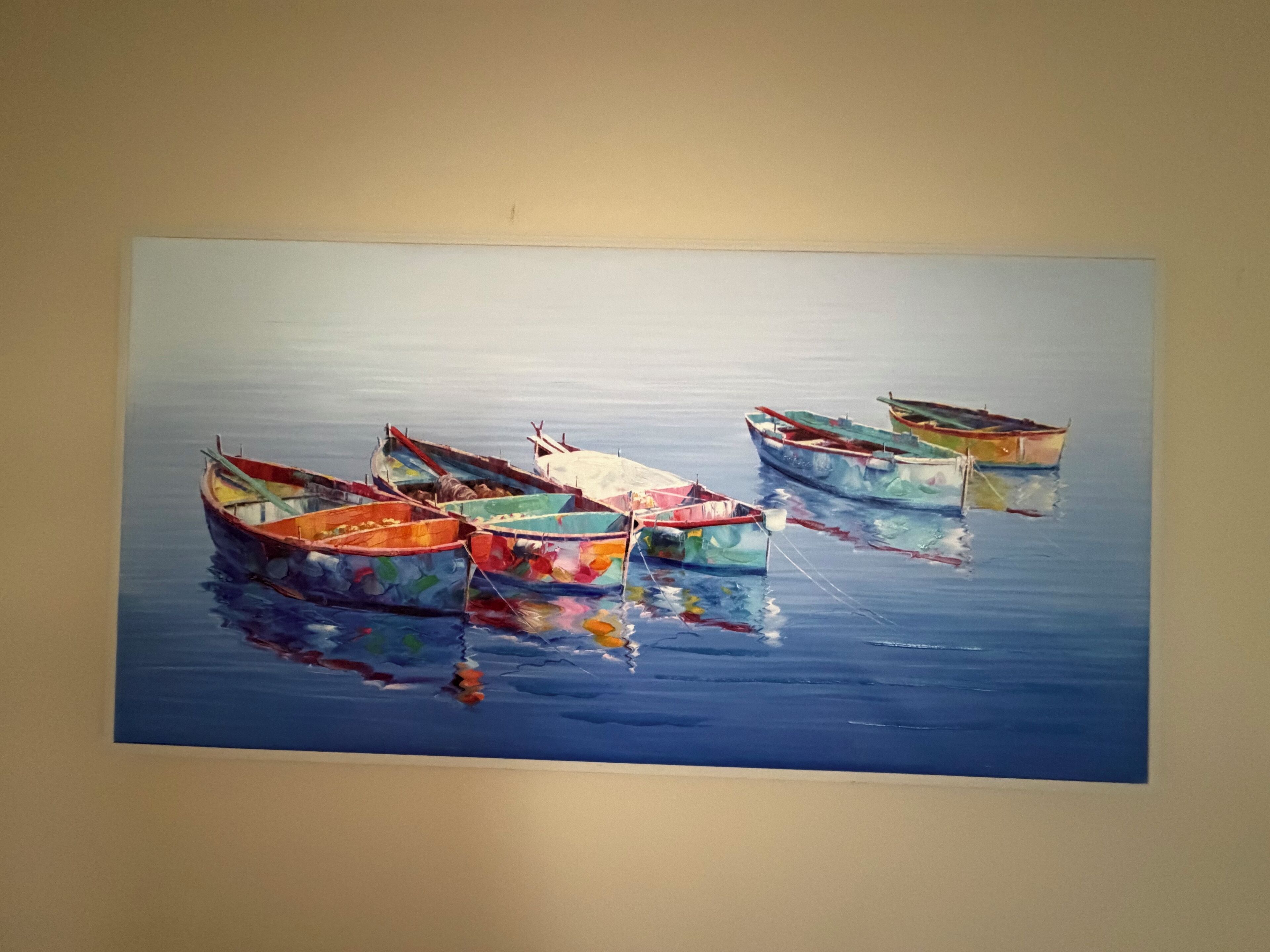 A painting of several colorful boats on calm water.