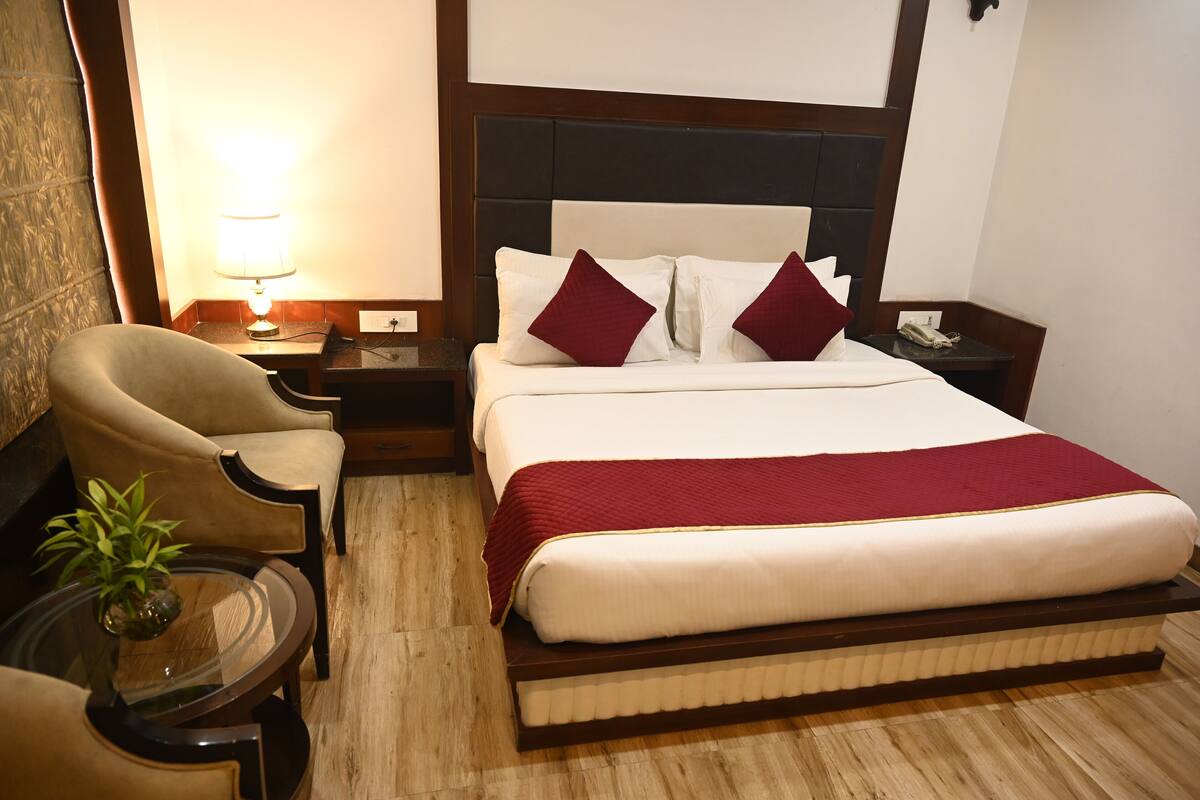 A hotel room with a large bed, two red pillows, a bedside table with a lamp, a chair, and a small table with a plant.