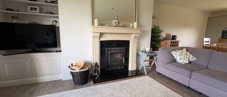 A living room with a fireplace, a television, a sofa, and a bookshelf.