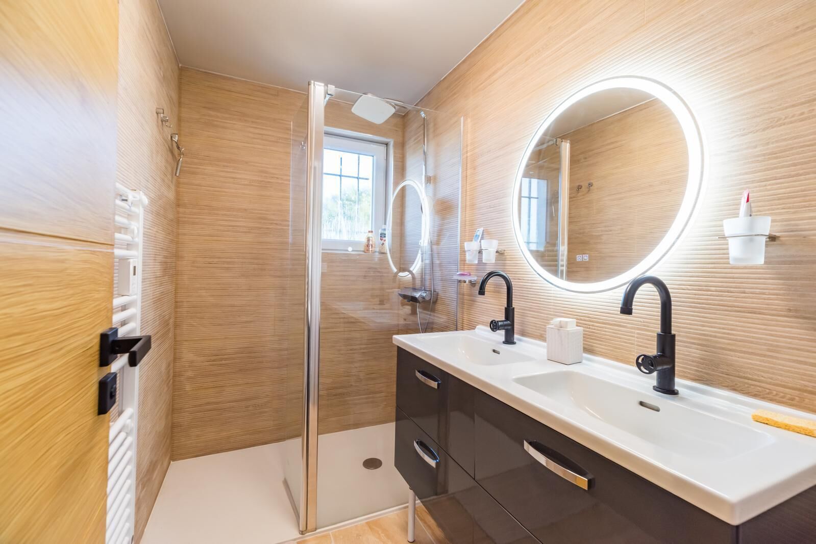 Shower, towels, soap, shampoo