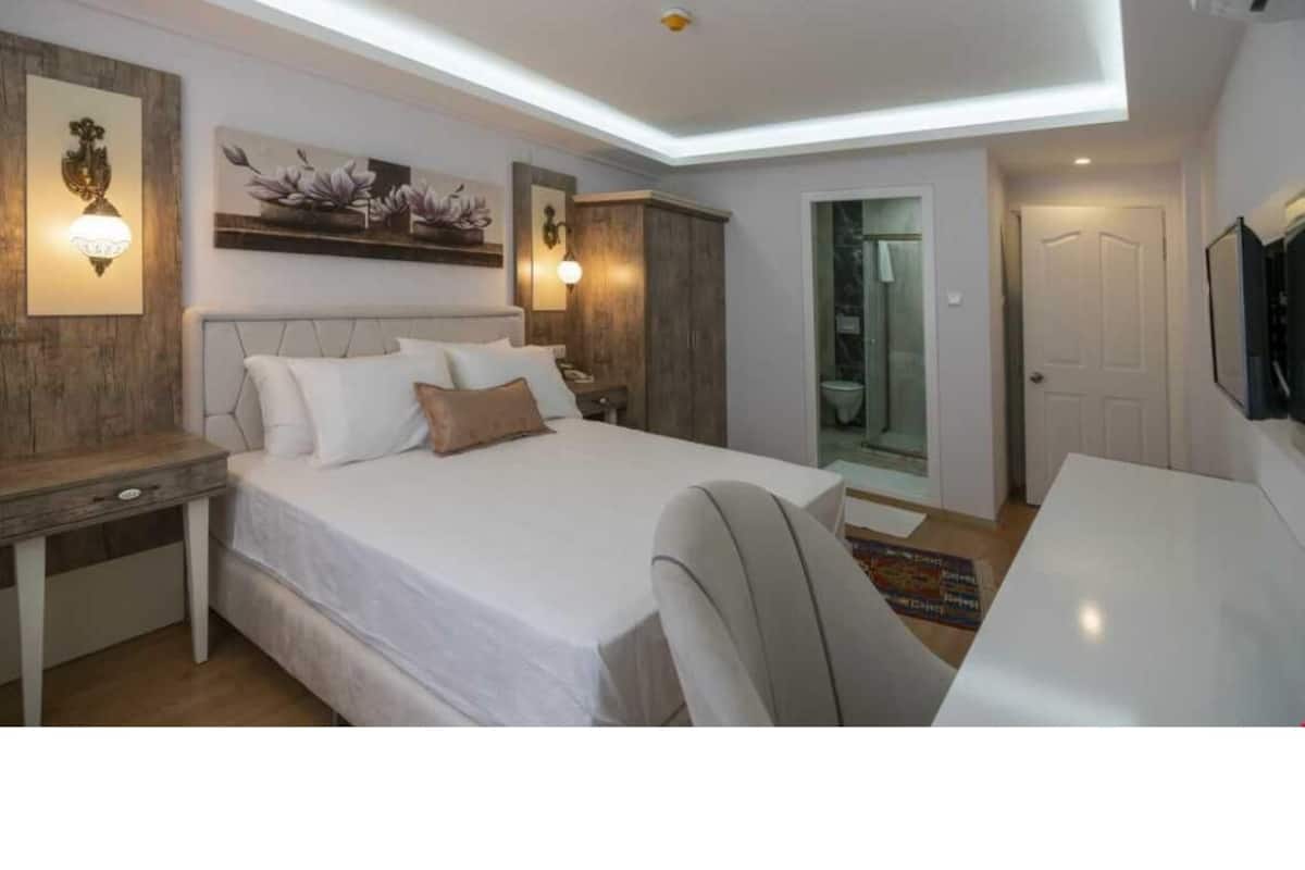 Una camera d'albergo moderna con un letto grande, comodini, una scrivania e una televisione.