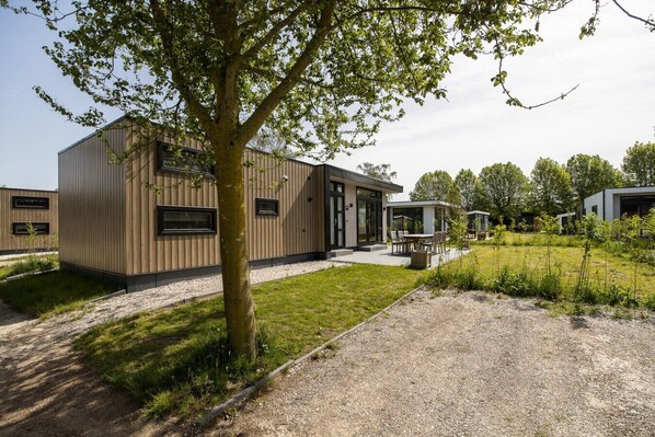 A modern building with a large tree in the foreground, a gravel path, and a grassy area with outdoor seating.