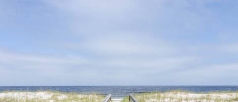 On the beach, sun-loungers, beach towels