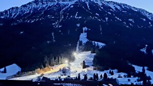 Ein Berg mit schneebedeckter Spitze und ein Tal mit einer Straße, die hinaufführt.