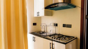 A compact kitchen with a gas stove, a range hood, and a dish rack. - Modern, Spacious Apartment — Your Home Away From Home (Dar es Salaam)