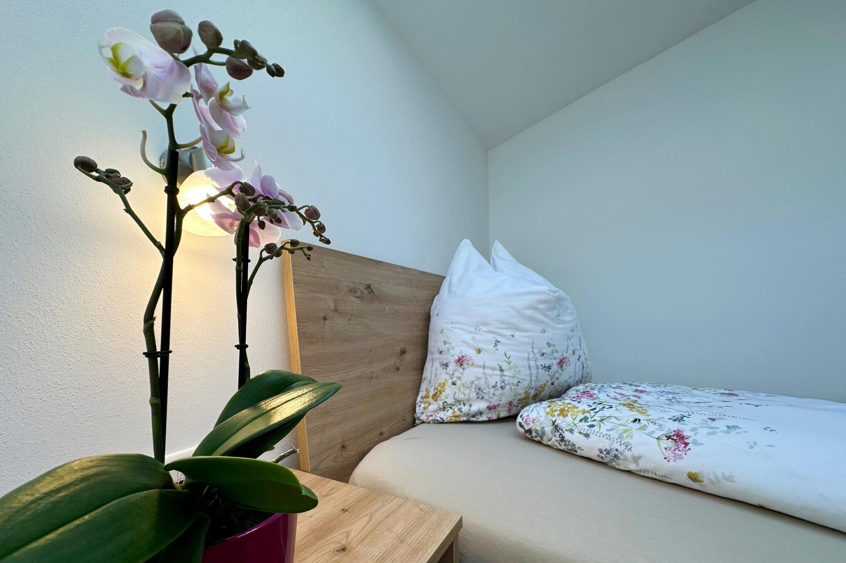 A bedroom with a wooden headboard, a floral pillow, and a potted orchid plant.