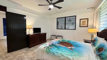 Un dormitorio con cama, ventilador de techo, cómoda, televisor y ventana con persianas.