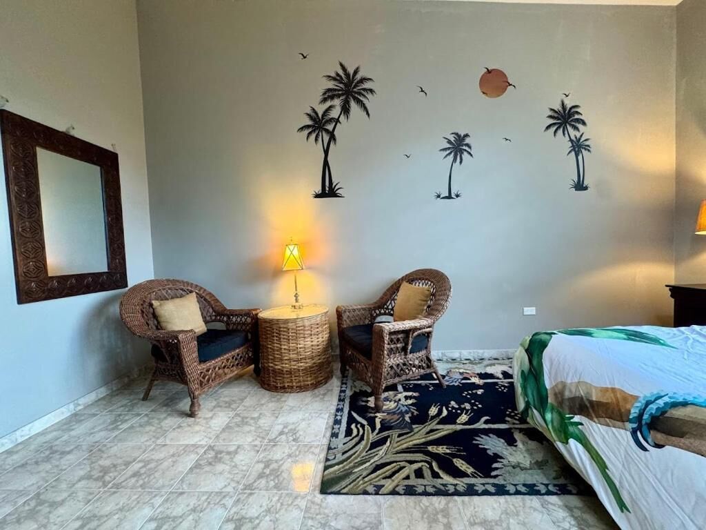 A room with a bed, two wicker chairs, a small table with a lamp, a patterned rug, and wall art of palm trees and birds.