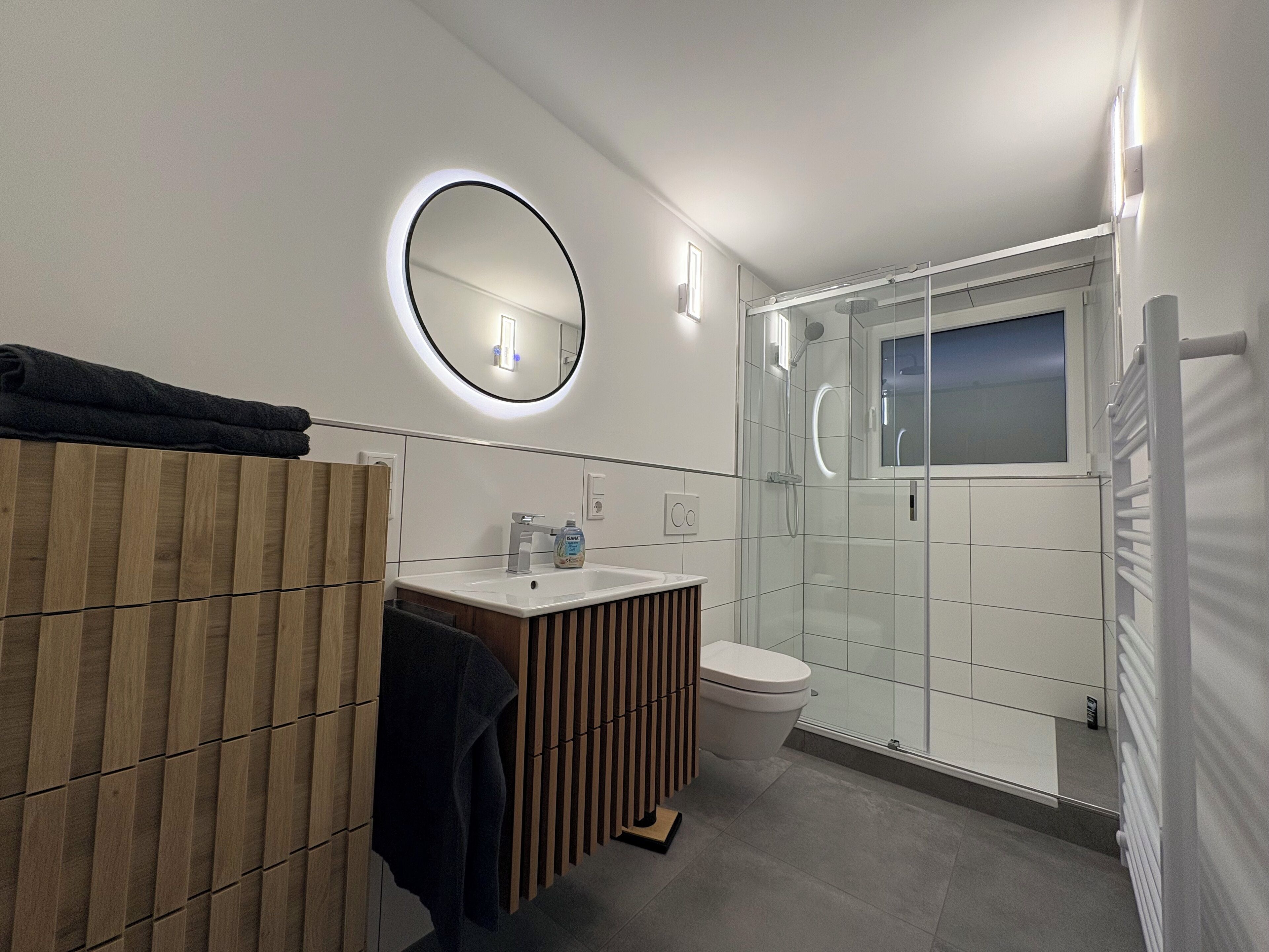 Ducha, secador de pelo, toallas, papel higiénico