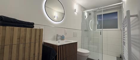 Shower, hair dryer, towels, toilet paper