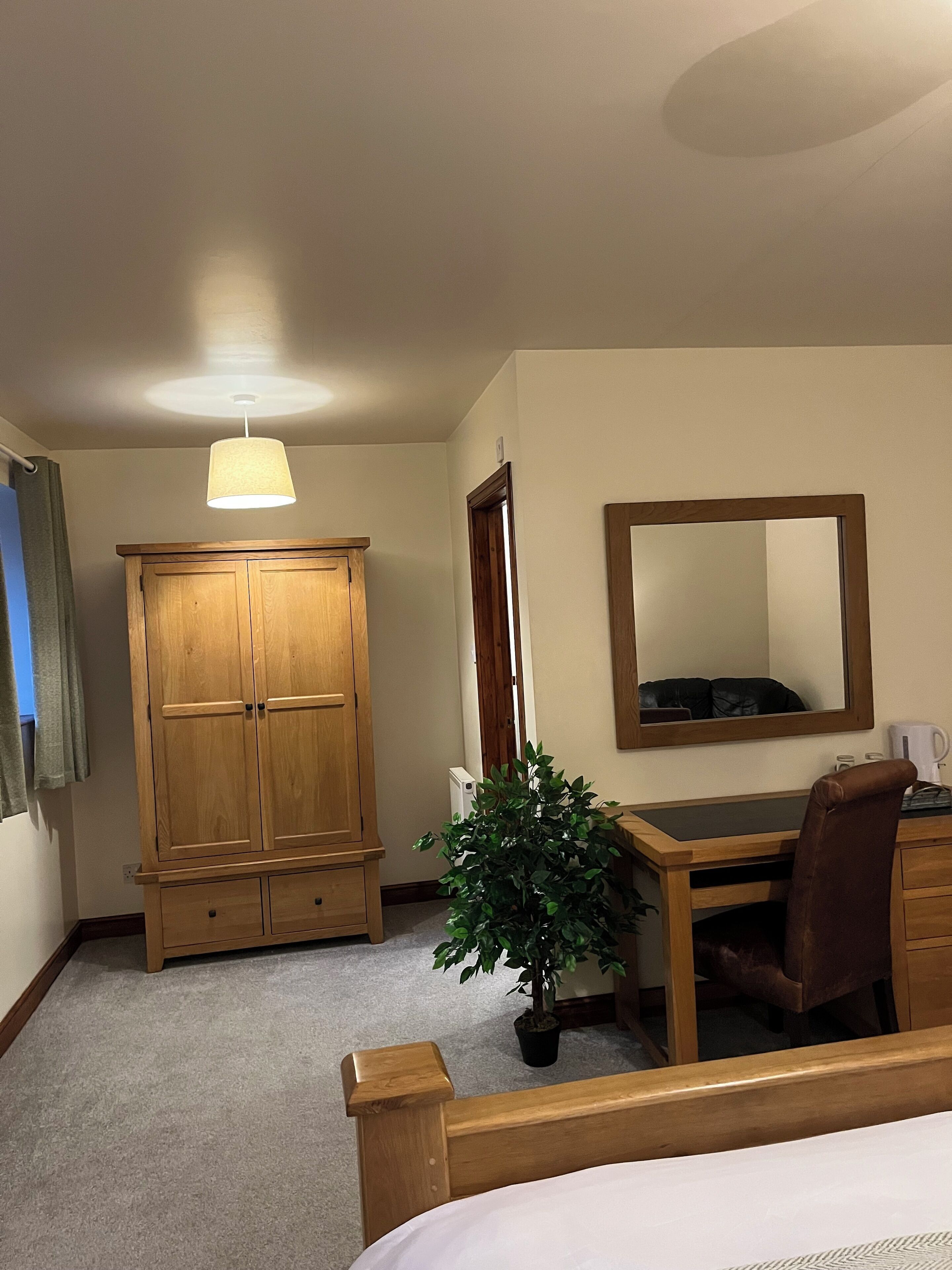 Habitació d'hotel amb un armari de fusta, escriptori amb cadira, una planta en test, mirall i llit.