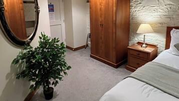 Un dormitorio con una cama, un armario de madera, una mesita de noche con lámpara, una planta en maceta, un espejo y una puerta.
